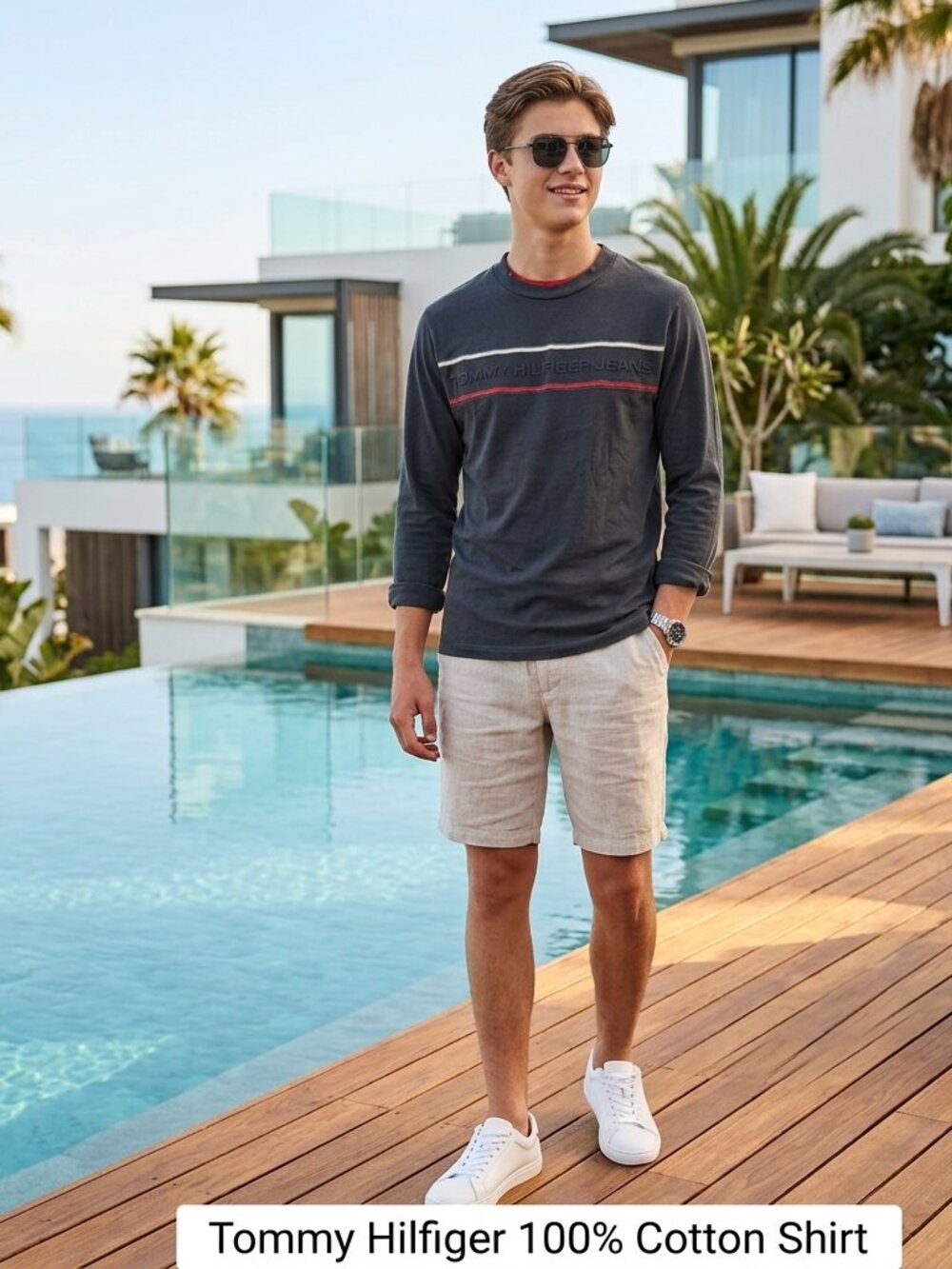 Tommy Hilfiger Boy S L/S Tee Logo 100% Cotton Navy Preppy Soft Classic Breathabl